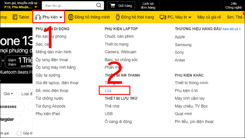 Tìm và chọn mục Loa